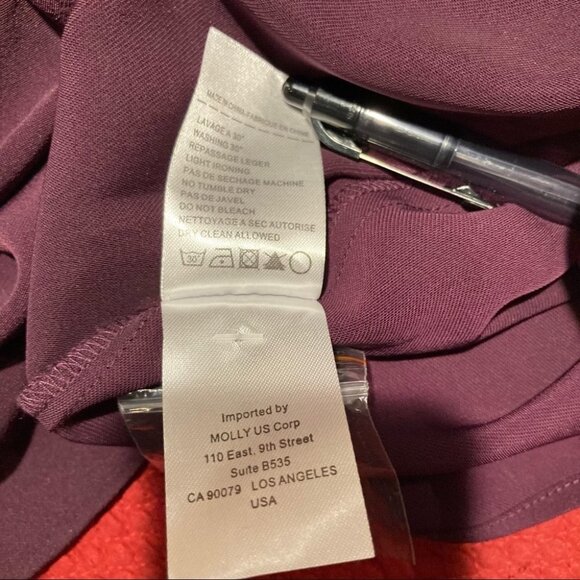 MOLLY BRACKEN Sz L Balloon Puffy Sleeve Pearl Button Midi Wine Colour Dress - Picture 9 of 9